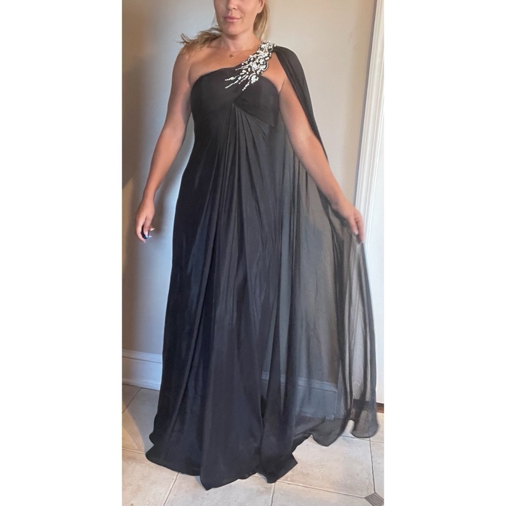 Jovani One Shoulder Gown Black with Overlay